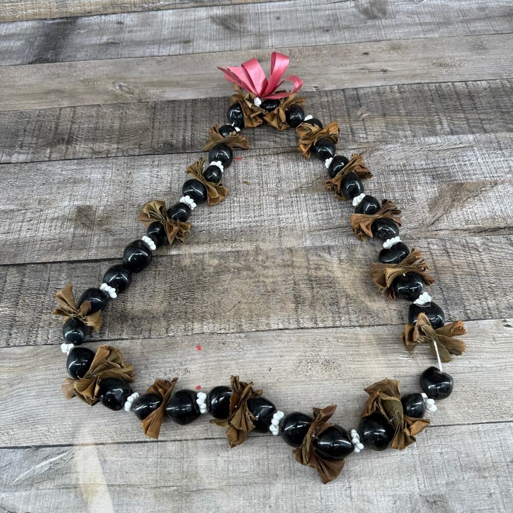 Vintage Kukui Nut Lei Hawaiian Dry Leaves Hawaii Necklace
